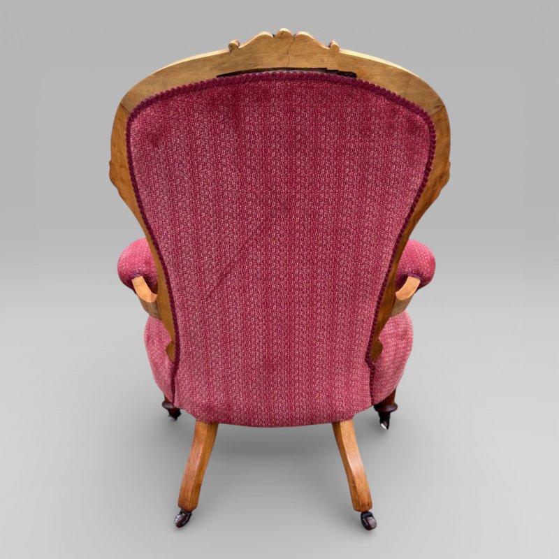 Antique Victorian Satin Burch Red Button Back Armchair with Turned Legs - Image 6